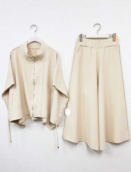 スタンドカラー ジップアップ半袖プルオーバー＆ワイドパンツ セットアップ