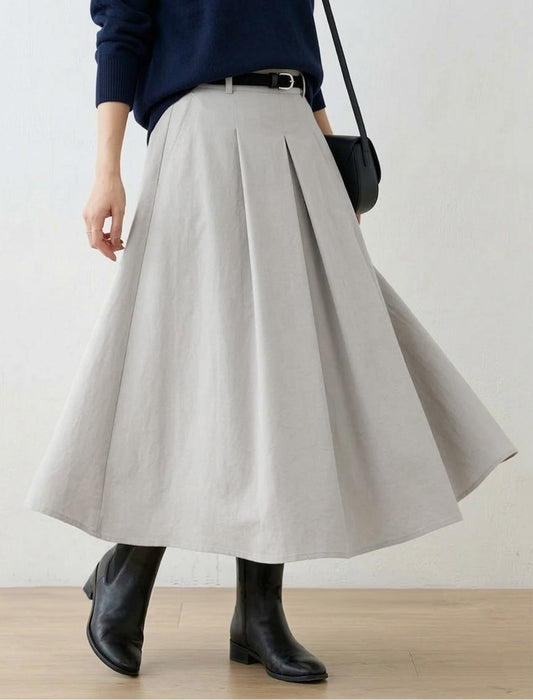 ナローベルト付 フロントタック Aラインロングフレアスカート
