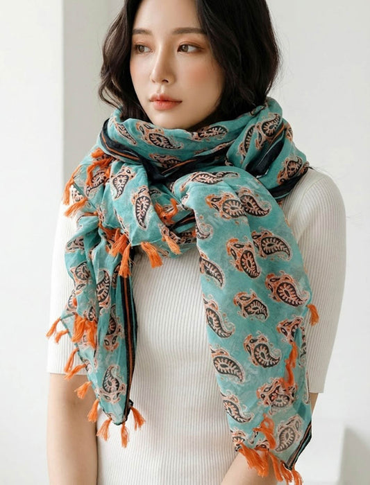 ペイズリー柄 タッセル付 エスニック大判ストール