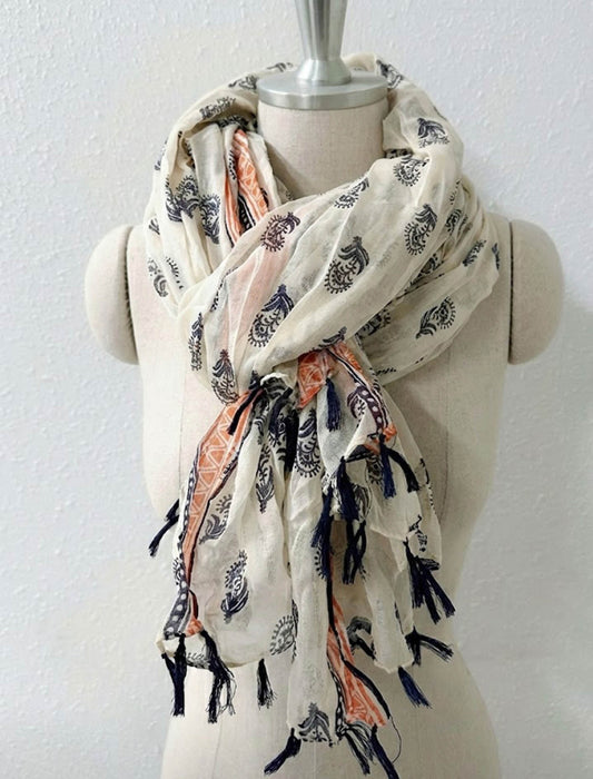 ペイズリー柄 タッセル付 エスニック大判ストール