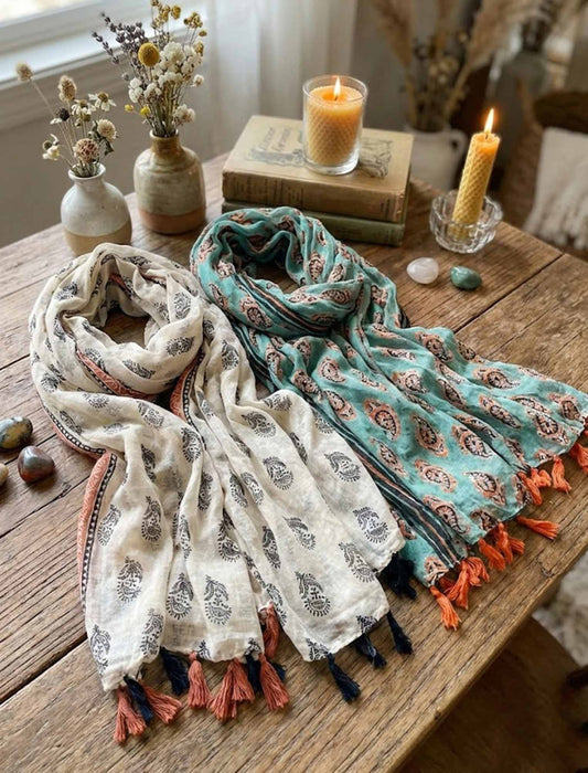 ペイズリー柄 タッセル付 エスニック大判ストール