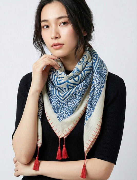 幾何学模様 ステッチデザイン タッセル付き大判ストール