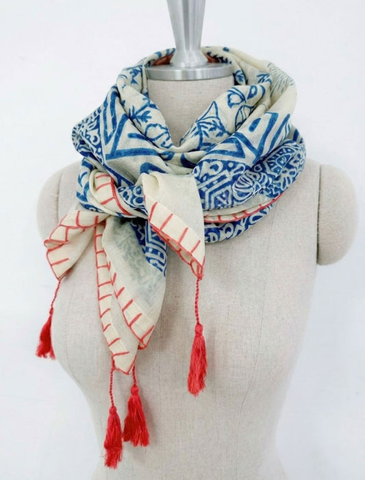 幾何学模様 ステッチデザイン タッセル付き大判ストール