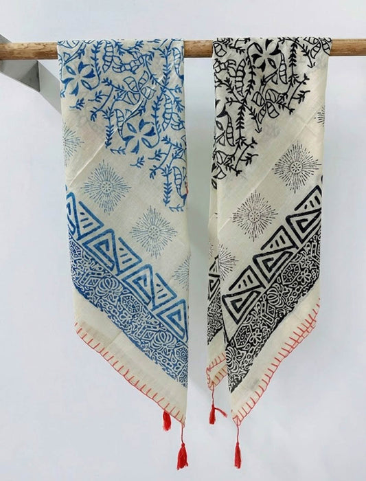 幾何学模様 ステッチデザイン タッセル付き大判ストール