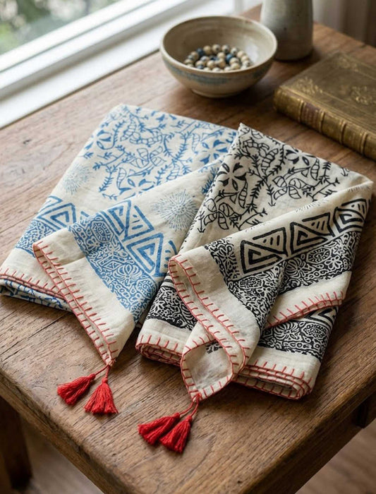 幾何学模様 ステッチデザイン タッセル付き大判ストール