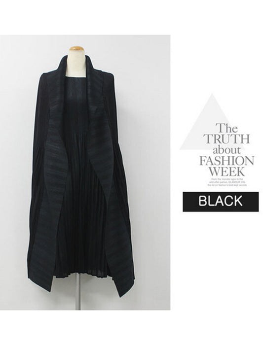 ストライプ柄入り重ね着風プリーツワンピース