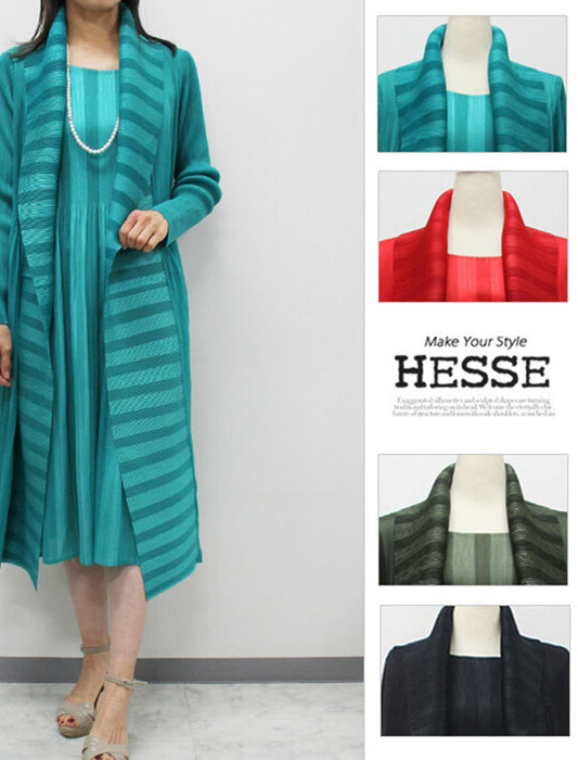 ストライプ柄入り重ね着風プリーツワンピース