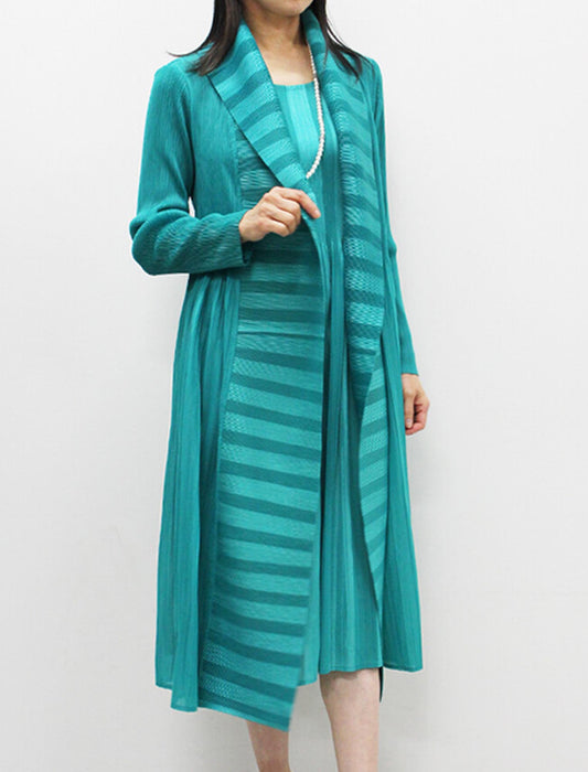 ストライプ柄入り重ね着風プリーツワンピース