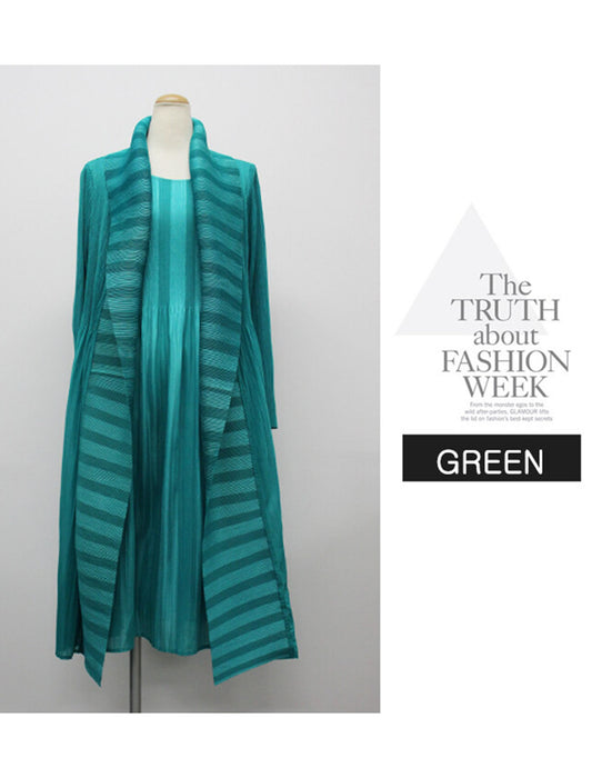 ストライプ柄入り重ね着風プリーツワンピース