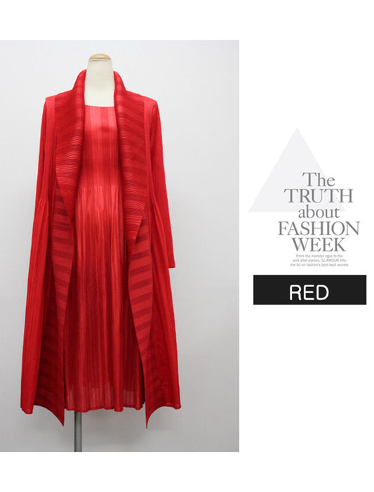 ストライプ柄入り重ね着風プリーツワンピース