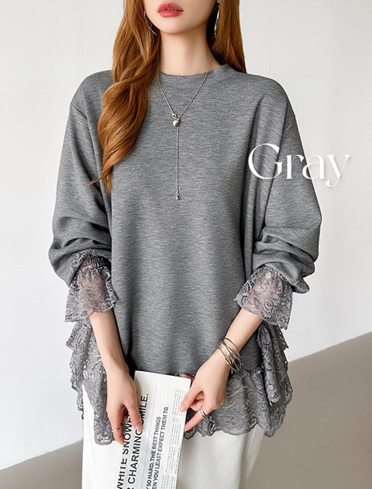 レース切り替えチュニックトップス レーストップス オーバーサイズ