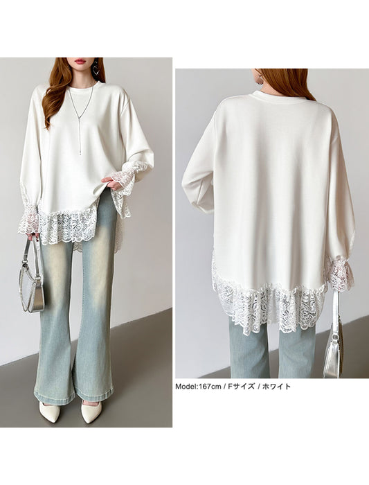 レース切り替えチュニックトップス レーストップス オーバーサイズ