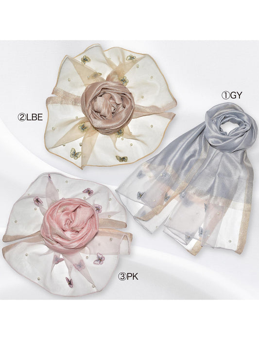 パール＆バタフライ 刺繍 オーガンジー ストール