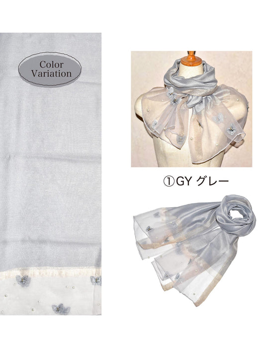 パール＆バタフライ 刺繍 オーガンジー ストール