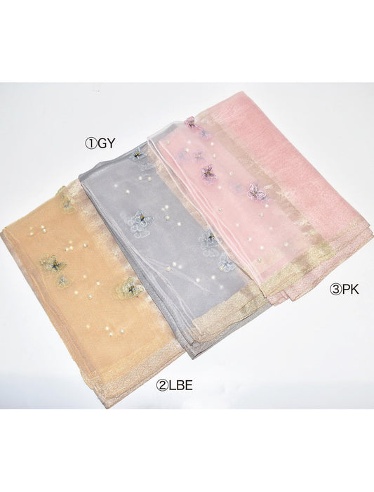 パール＆バタフライ 刺繍 オーガンジー ストール