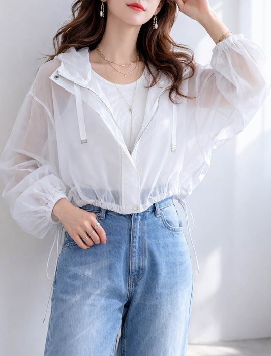 ショート丈 シアー パーカー ブルゾン フード ライトアウター 春夏