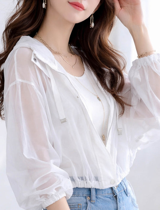 ショート丈 シアー パーカー ブルゾン フード ライトアウター 春夏