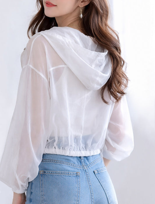 ショート丈 シアー パーカー ブルゾン フード ライトアウター 春夏