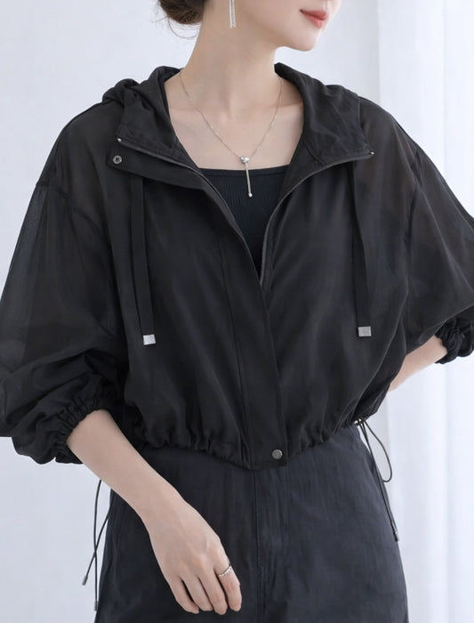 ショート丈 シアー パーカー ブルゾン フード ライトアウター 春夏