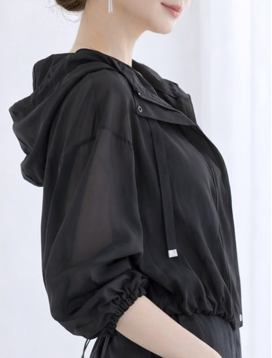 ショート丈 シアー パーカー ブルゾン フード ライトアウター 春夏