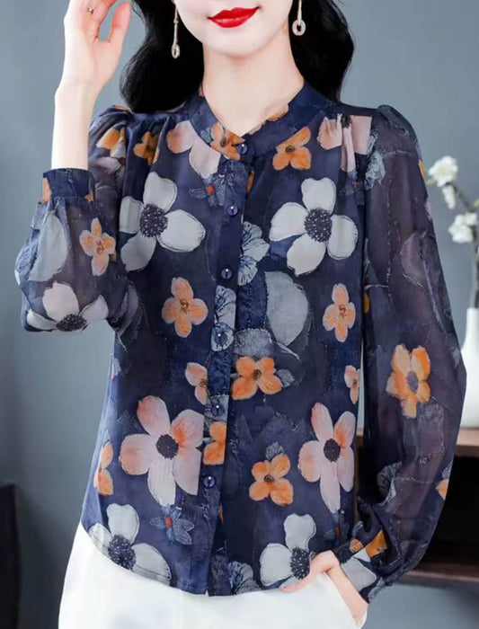 【新品】LEONARD 花柄シフォンブラウス 大花柄シフォンエレガントノーカラーブラウス | Northmall（ノース