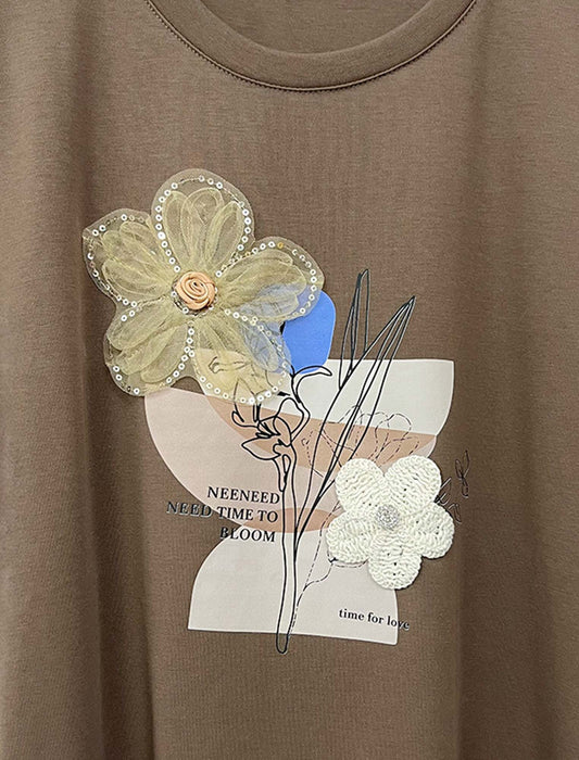 立体フラワーモチーフパッチワークＴシャツ