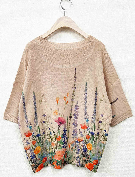 大人華やか水彩ボタニカル半袖サマーニットＴ