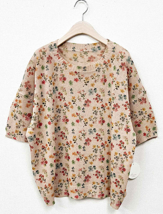 大人華やか水彩ボタニカル半袖サマーニットＴ