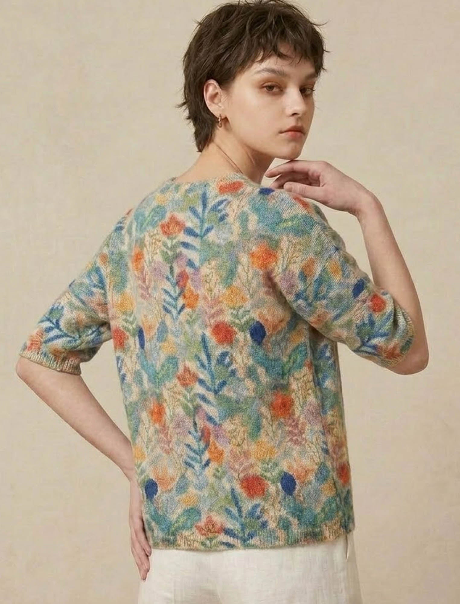 ヴィンテージ クレージュ♡サマーニット フランス製 ⭐️美品 送料無料 大人華やか水彩ボタニカル半袖サマーニットT | Northmall（ノース