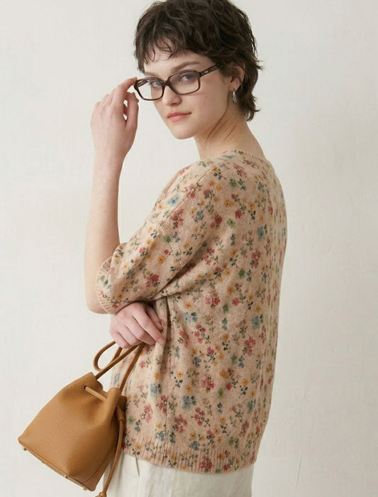 大人華やか水彩ボタニカル半袖サマーニットＴ