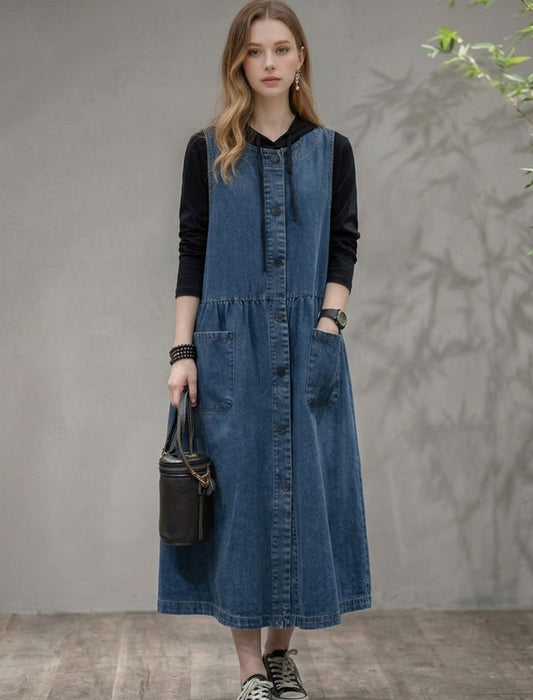 大人カジュアルフロントボタンデニムジャンスカ