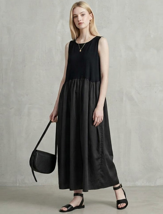 バイカラー切替ギャザーロングワンピース