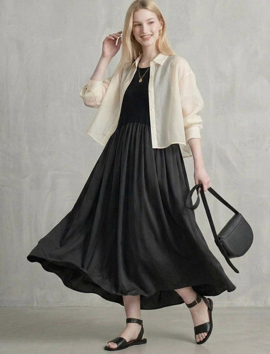 バイカラー切替ギャザーロングワンピース