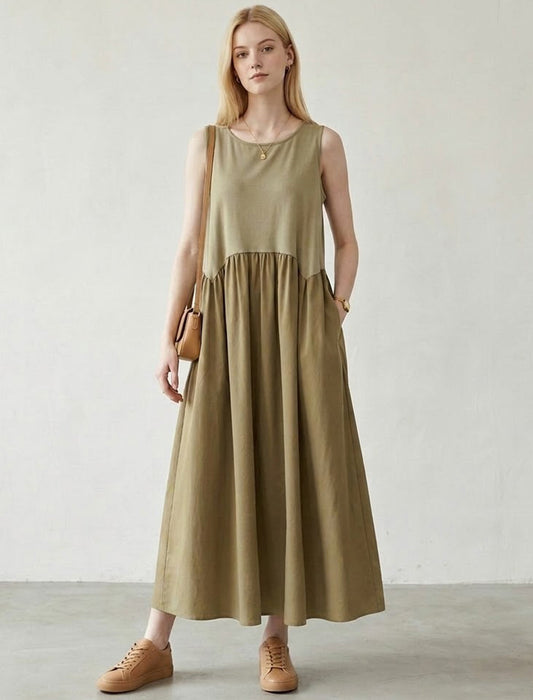 バイカラー切替ギャザーロングワンピース