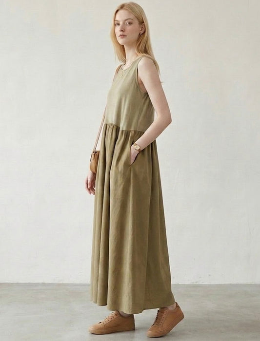 バイカラー切替ギャザーロングワンピース