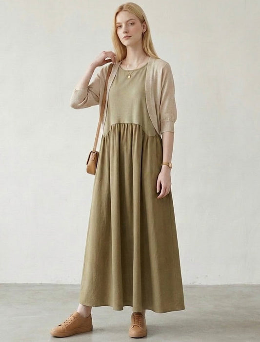 バイカラー切替ギャザーロングワンピース