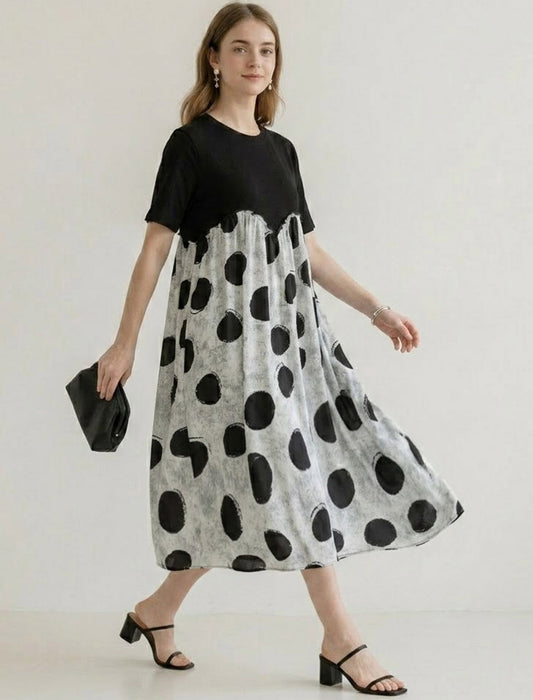 大人モダンドット切替ギャザーワンピース