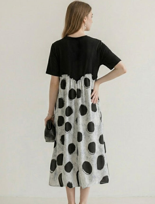 大人モダンドット切替ギャザーワンピース