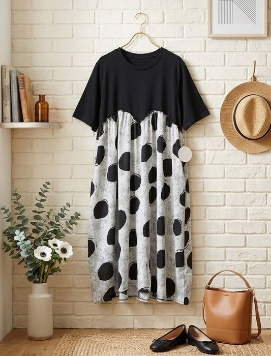 大人モダンドット切替ギャザーワンピース