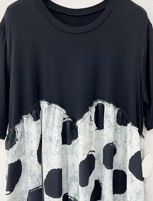 大人モダンドット切替ギャザーワンピース