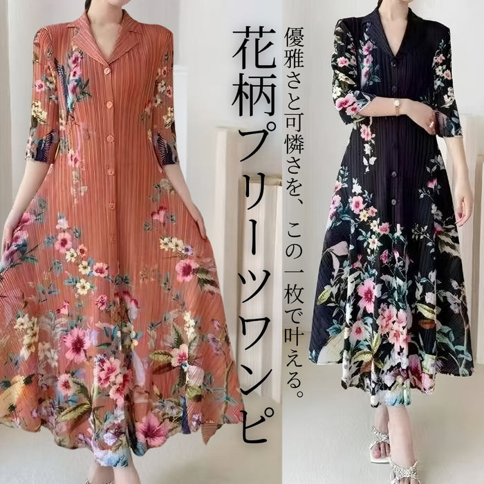 【近日入荷】ゆったり花柄プリントプリーツワンピース※ブラックは5月中旬入荷予定