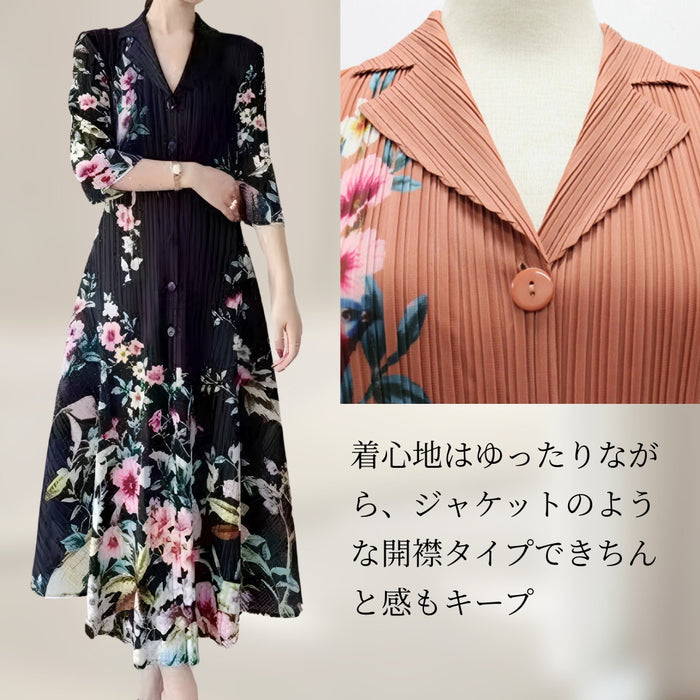 【近日入荷】ゆったり花柄プリントプリーツワンピース※ブラックは5月中旬入荷予定