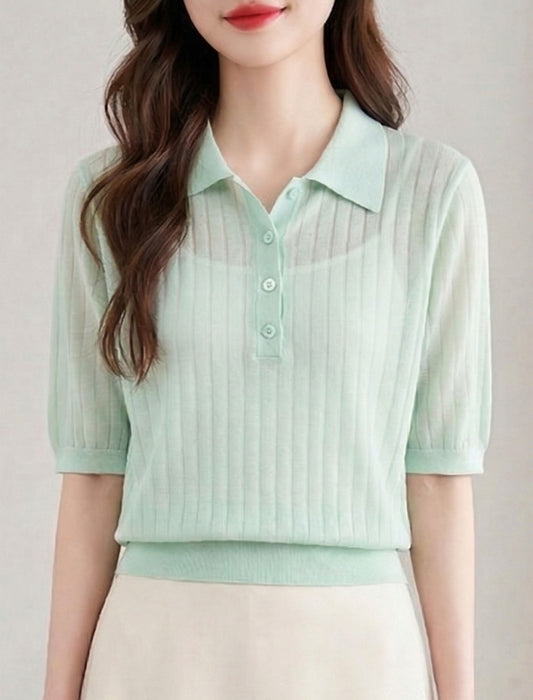 大人フェミニンシアーリブポロニットプルオーバー
