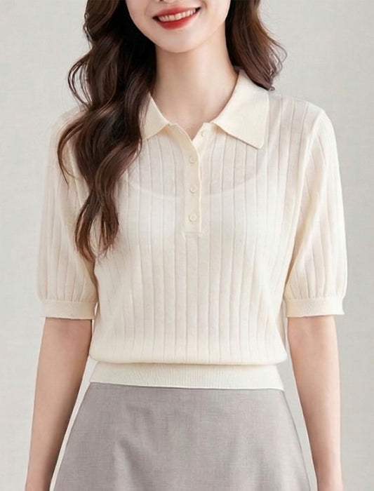 大人フェミニンシアーリブポロニットプルオーバー