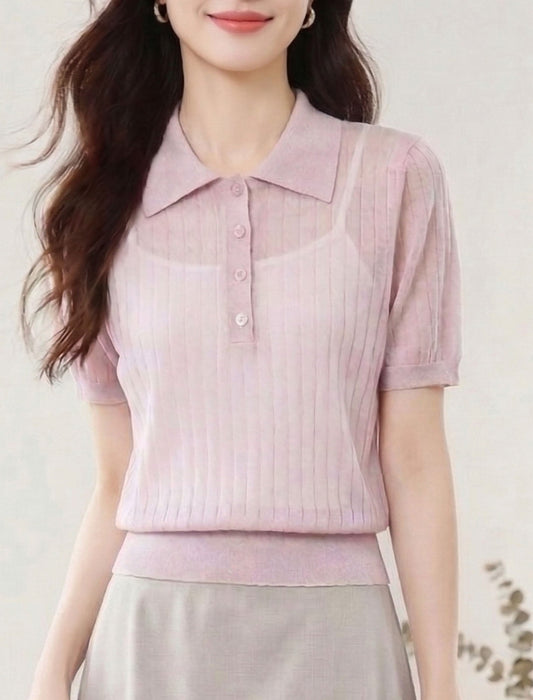 大人フェミニンシアーリブポロニットプルオーバー