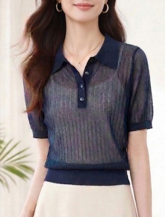 大人フェミニンシアーリブポロニットプルオーバー