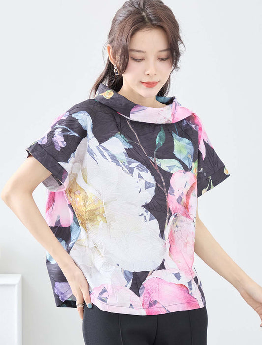 水彩フラワーフリル衿トップス