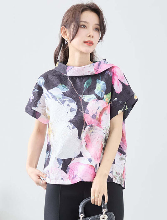 水彩フラワーフリル衿トップス
