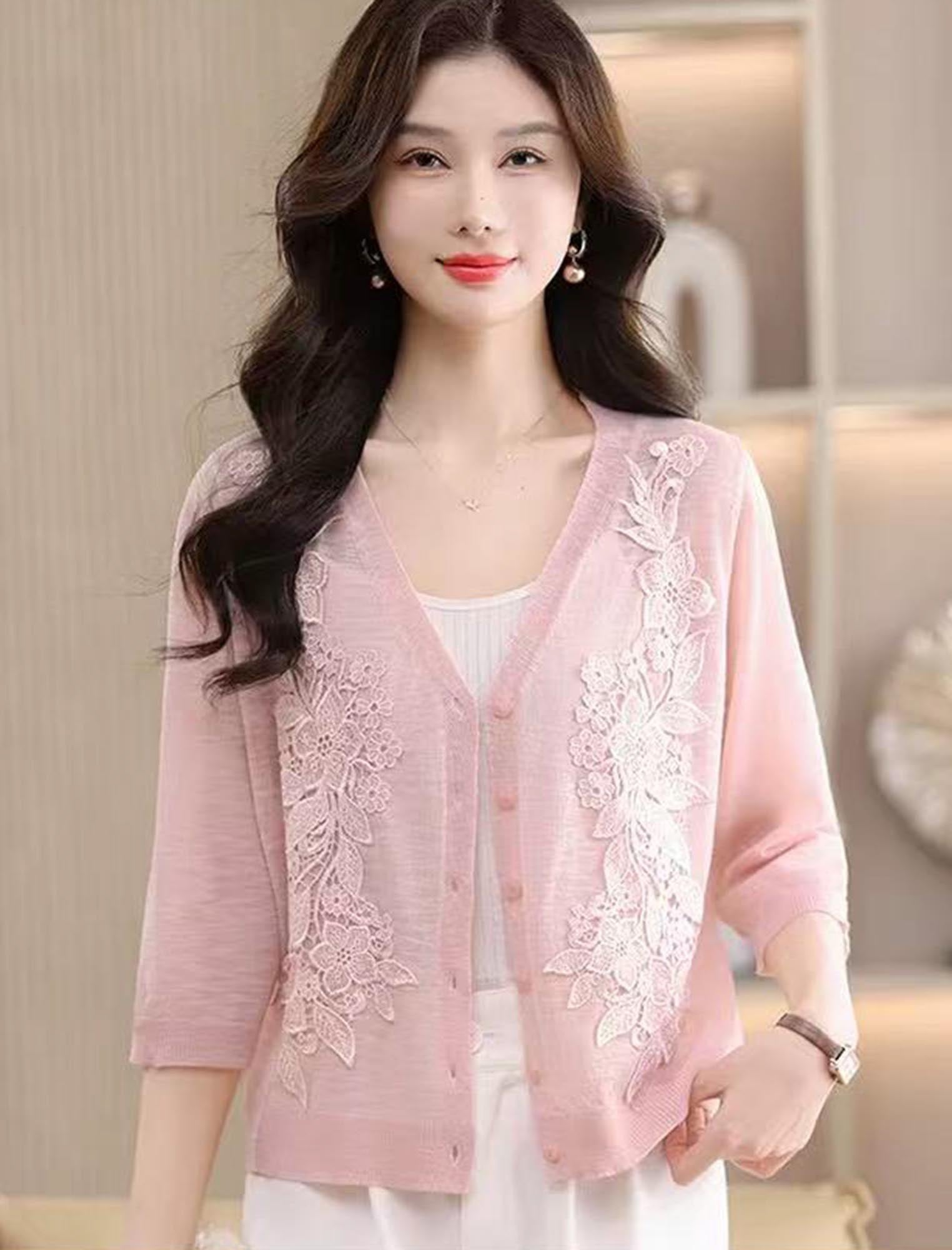 9203. 【極美品】PINK HOUSEチュール ノースリーブ カーディガン エレガントモチーフ付7分袖カーディガン | Northmall（ノースモール