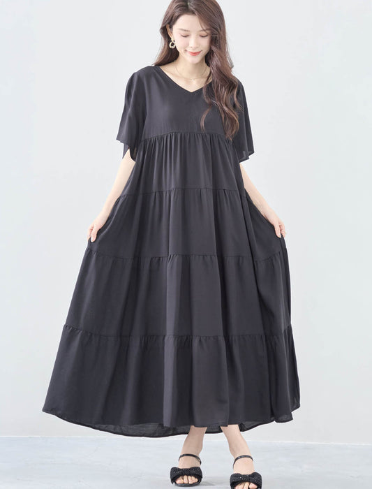 未使用✨ヌキテパ　Ｖネック　ティアード　ロング　ワンピース　コットン　黒 Cotton Voile Tiered Maxi Dress | Pasand by ne Quittez pas | パサン
